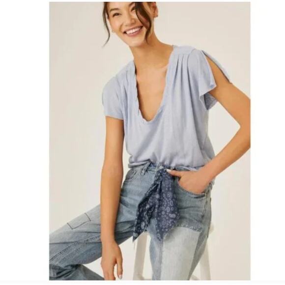 Anthropologie Pilcro Flutter-Sleeved Tee Size Small Sky Blue Preppy Boho Coastal - Picture 1 of 4